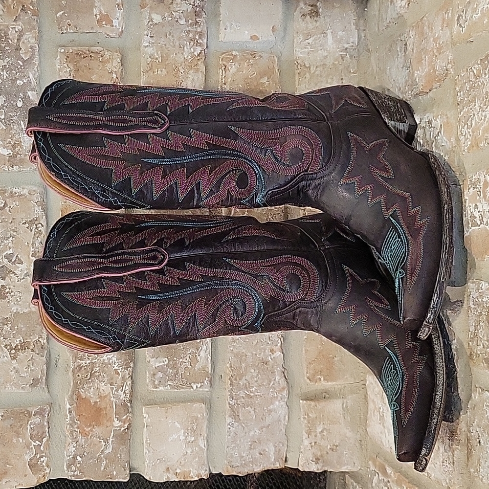 Old Gringo, Chocolate, purple with turquoise accent cowboy boots, size 10.